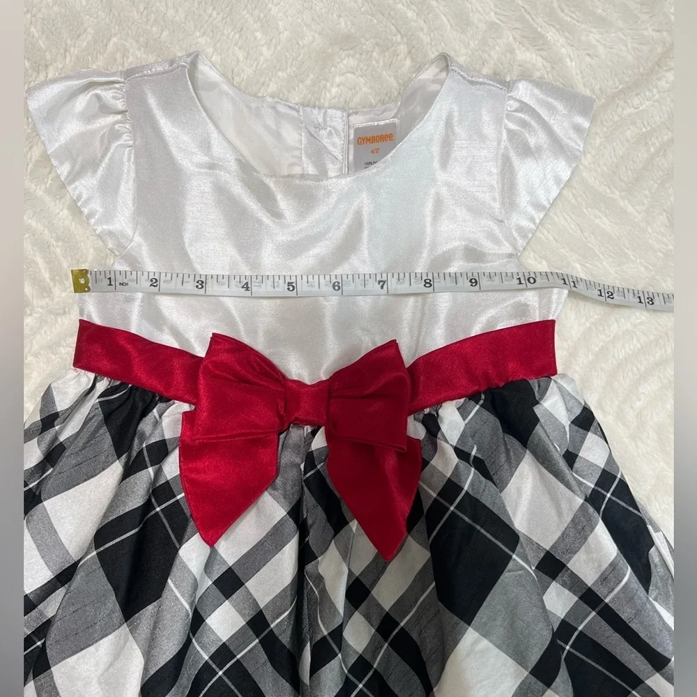 Gymboree Girls Holiday Plaid Dress 4T Black White Red Bow Christmas Party Tulle